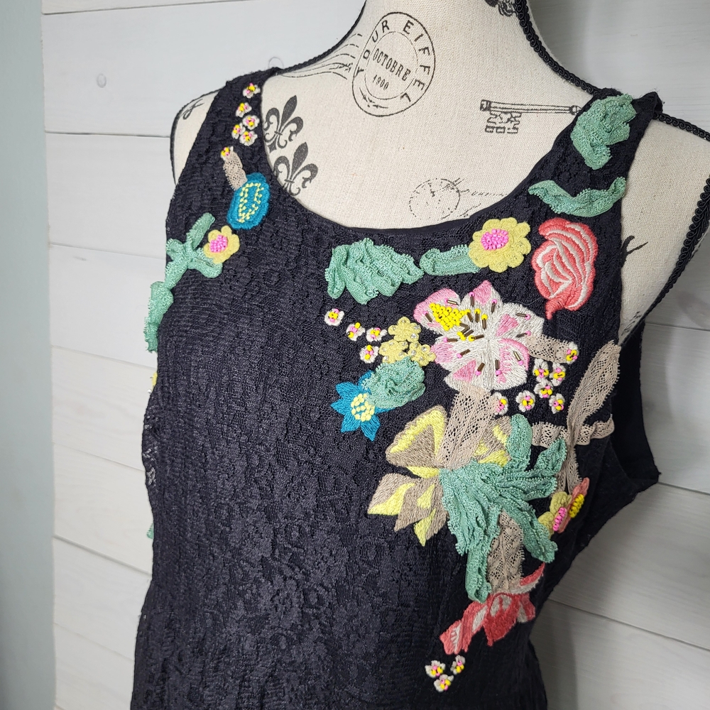 Oc Black Lace Dress Floral Appliques Beaded Embroidered BOHO Arsty
